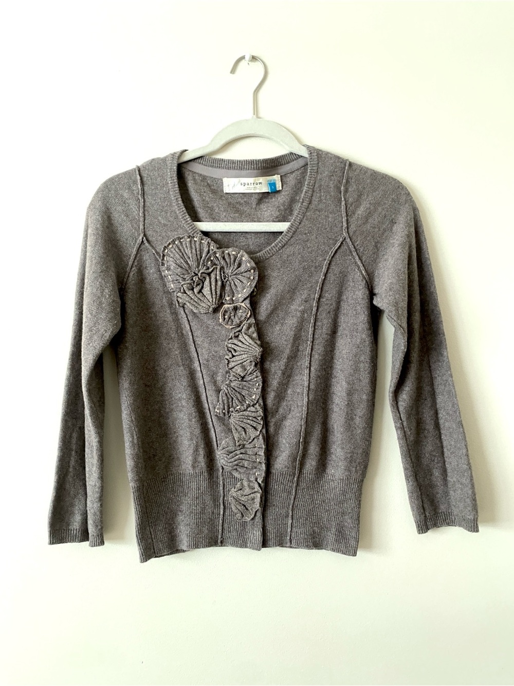 Anthropologie Sparrow Light Brown Cocoa Taupe Floral Wool Blend Cardigan Sz S